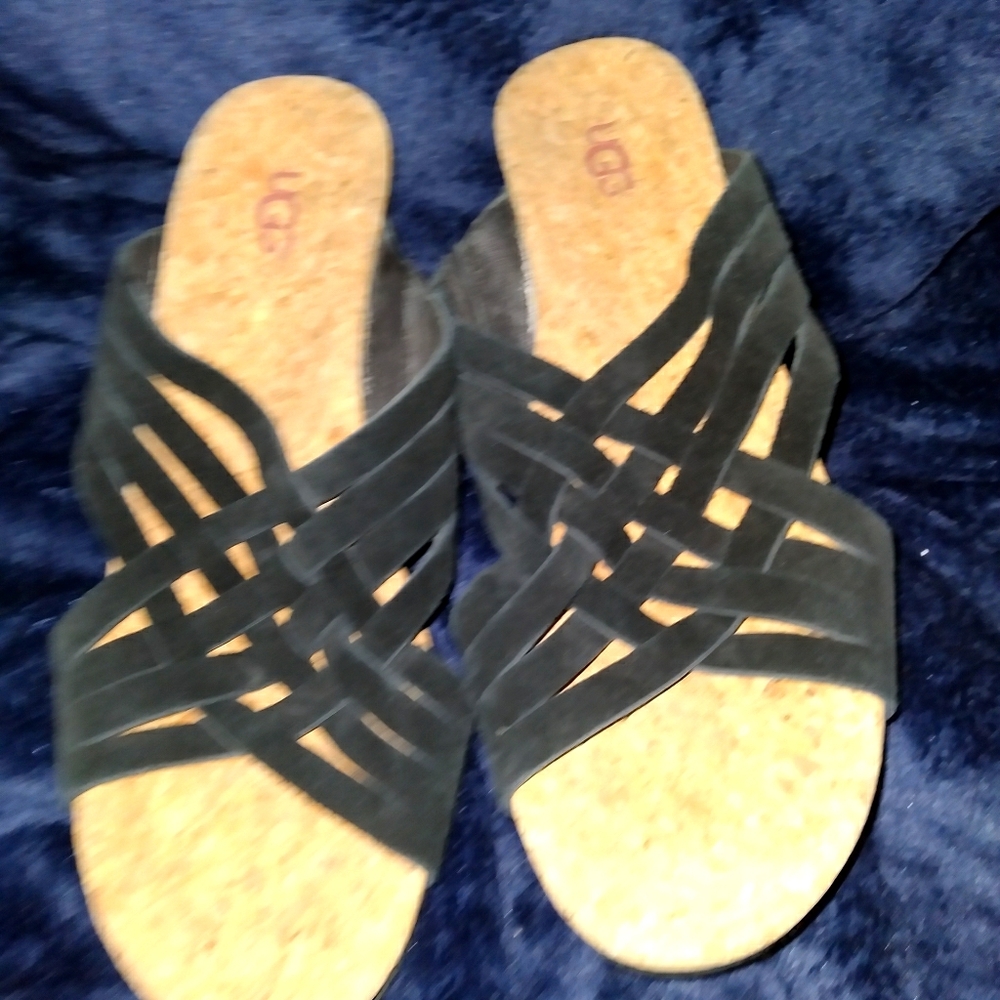 UGG platform cork with black straps on front.